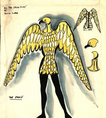 A watercolour ink and pencil drawing of a costume - the figure has the wings and head of a crow, and the legs of a human. Details of the wings and head are sketched to the side.