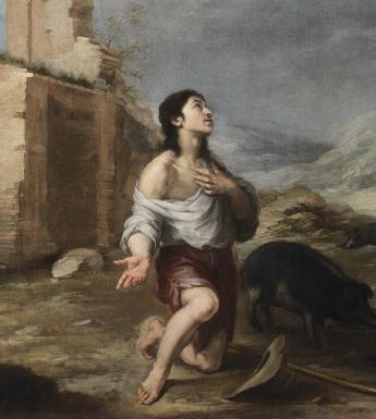 Oil painting showing the Prodigal Son kneeling with the swine, dressed in rags. He is looking aloft, and one hand is on his chest.