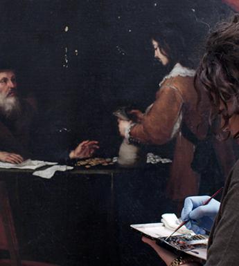 A conservator works on restoring a canvas by Murillo.
