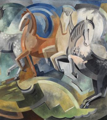 Semi-abstract oil painting of horses in motion