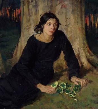 A woman in black lies at the foot of a tree, with flowers in her hand