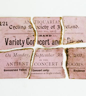 A torn up ticket for a variety concert, dating from 1901, organised by the Antiquarian Cycling Society of Ireland