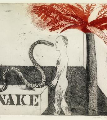 An etching showing a snake, a. man, and a red palm tree