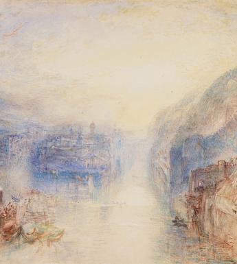 A light-filled watercolour showing mountains, rivers, and sky