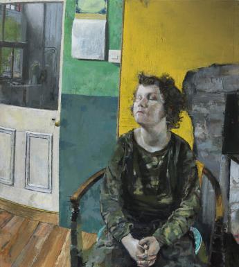 An oil painting showing a young boy sitting in a chair with hands clasped in his lap