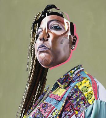 An oil painting of a woman. She is wearing a blue, yellow, white and pink patterned shirt. The artist has removed her neck, so her head is floating above her torso, outlined in bright pink.