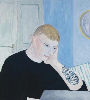 An oil painting of a young man at work on a laptop. He is wearing black, and his head rests in his hand. His sleeve is rolled up and we see a tattoo on his forearm