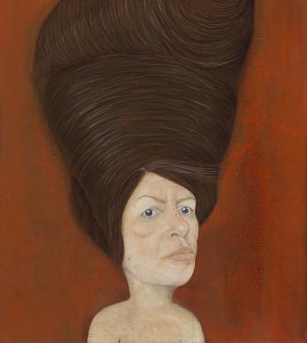 An oil portrait of a woman. She is set against a vibrant red background. She looks directly at the viewer, and her hair is in an enormous beehive style piled on top of her head. 