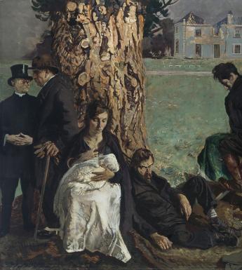 An oil painting of seven people - a woman and baby, clergyman, businessman, dishevelled man, two soldiers - gathered around a tree in front of a burnt-out country house.
