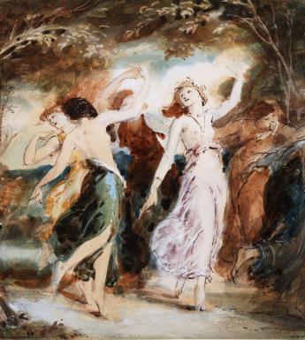 An ink, watercolour, graphite and gouache drawing of nymphs dancing.