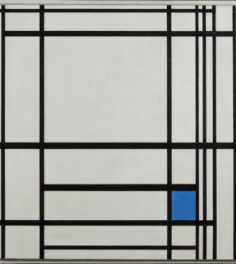 A composition with black lines on white, and one blue-filled square