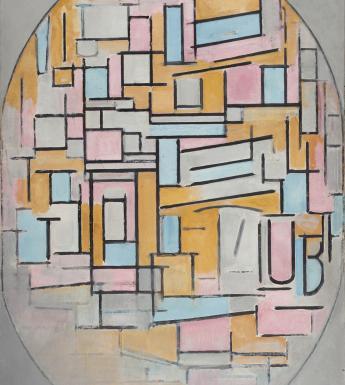 An oval composition with shapes in grey, blue, pink and orange contained within.