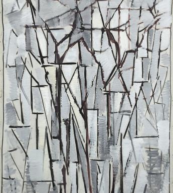 An abstract composition in tones of grey, white and black.
