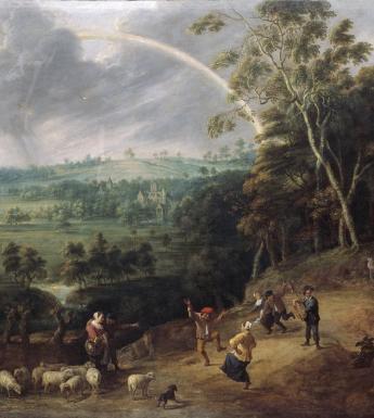 A country scene, with a picturesque landscape in the background as people dance in the foreground