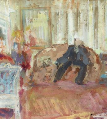 A gouache painting showing a figure in a dark suit sitting on a sofa. In the left foreground, another figure sits at a dressing table, turned to the side. 