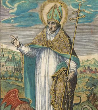 Colourful print of Saint Patrick standing in a landscape with a dragon, toad and snakes at his feet
