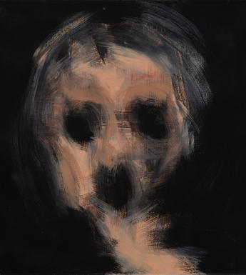 Semi-abstract painted portrait of a head with dark openings where eyes and mouth would be