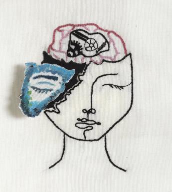 Mixed-media portrait with embroidered lines. The brain is exposed and a fragment painted with an eye is in relief