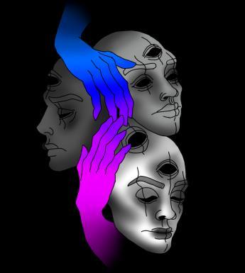 Three mask-like faces clustered against a black background, with a pink hand and blue hand reaching to touch finger tips between the faces.