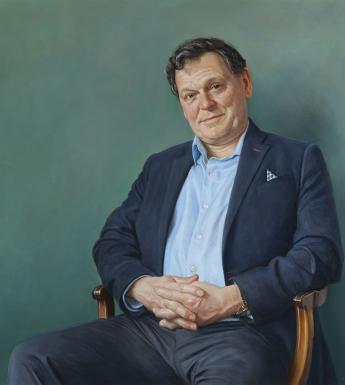 Painted portrait of a seated man wearing a navy suit