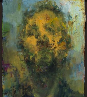 Expressionistic painted portrait of a man's head in yellows, blues and greens