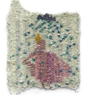 Textile knitted from acrylic paint with stylised pattern of a person standing beneath a shower head with water droplets falling
