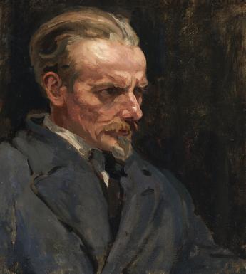 An oil portrait of a man in three quarters profile.