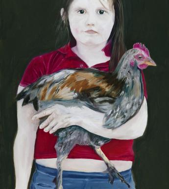 Painted portrait of a girl with dark hair, red t-shirt and blue jeans, holding a hen in her left arm, and standing against a dark backdrop