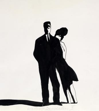 A black and white ink drawing of a woman leaning against a man, their shadows cast on the ground.