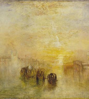 An atmospheric painting of boats on water with city buildings in the distance.