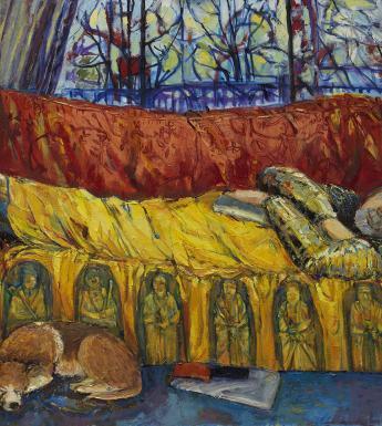 Painted portrait of man lying on red and yellow sofa with dog on floor and stained glass window in background