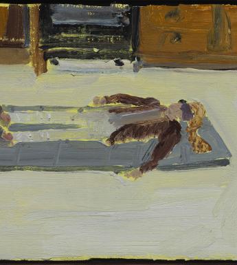Stylised painting of a person lying on a grey mat in the floor with kitchen cabinets in background