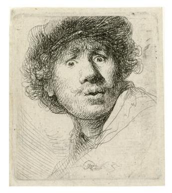 Etched self portrait of Rembrandt as a young man with curly hair, wearing a cap, with a surprised expression on his face