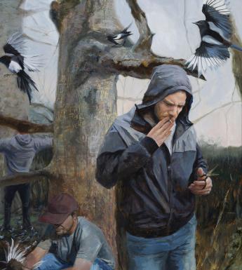 Painting of three men in a woods in winter with magpies fluttering around