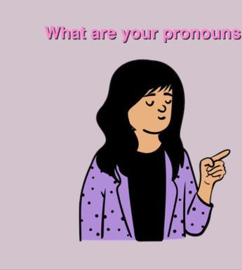 Still from an animated film of a person with long black hair facing and pointing at a person with short black hair. Text reads: What are your pronouns? My pronouns are he and him