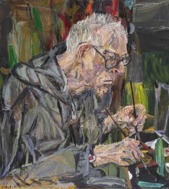 Expressionistic portrait of a man with grey hair painting with a paintbrush in each hand