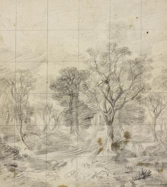 Gridded-up preparatory drawing for Gainsborough's landscape painting Cornard Wood