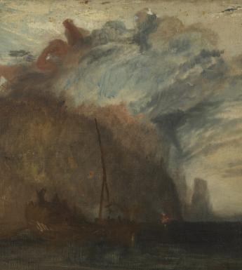 An atmospheric oil painting showing a ship against a cliff face, as the sky darkens.