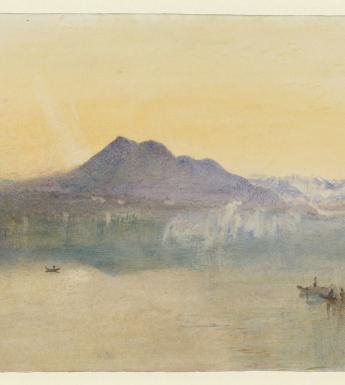 A watercolour painting showing a purple mountain in front of a glowing yellow sky. On the water to the right of the mountain is a small boat.
