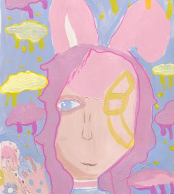 Painting of a female figure with pink hair and pink bunny ears on a background of abstract figures