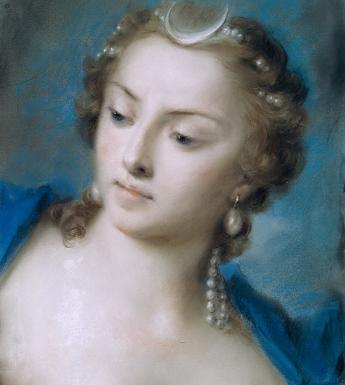 Painting of a female figure wearing a blue dress and pearl jewellery