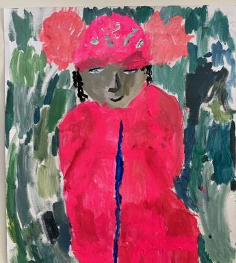 Painting of a figure with dark hair wearing a bright pink coat and hat on a green background