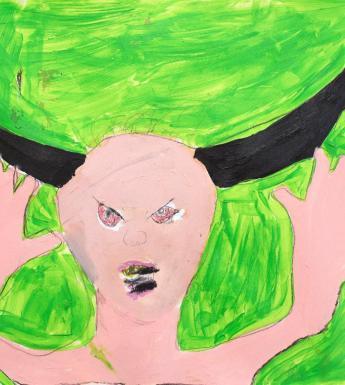 Painting of a figure with black horns and outstretched hands on a green background