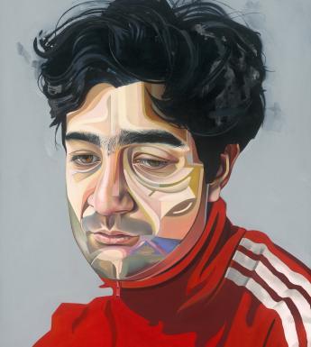 Painting of a male figure with dark curly hair, a red top and a face made up of coloured geometric shapes