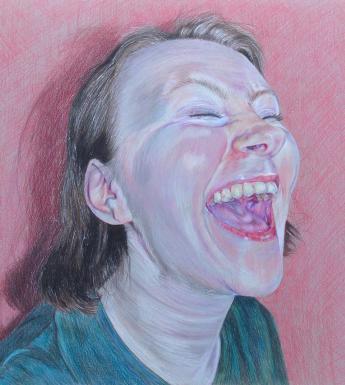 Drawing of a female figure with short brown hair and a green top laughing