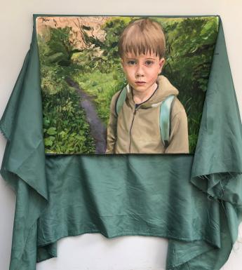 Painting of a young male figure wearing a brown coat and green backpack on billowing green material