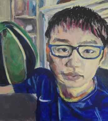 Painting of a young male figure with dark hair, glasses and a blue top holding a basketball