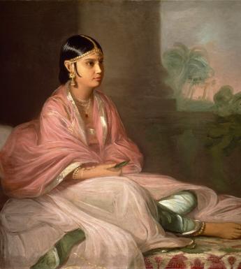 Painting of a female figure with dark hair wearing a pink shawl and dress sitting on a bed