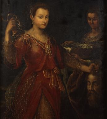 Painting of a female figure in a long red dress holding a head