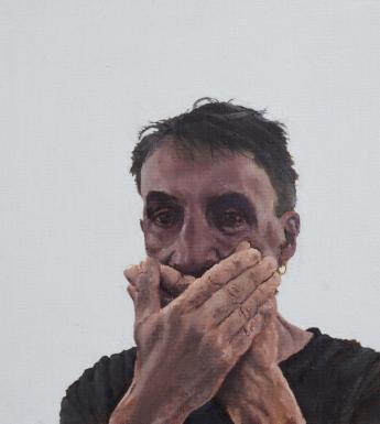 Painting of a male figure with dark hair and a dark top holding his hands crossed in front of his mouth